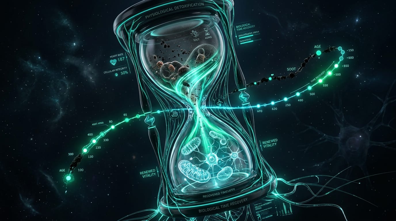 Biometric hourglass and cellular timeline visual of nicotine detoxification and physiological recovery