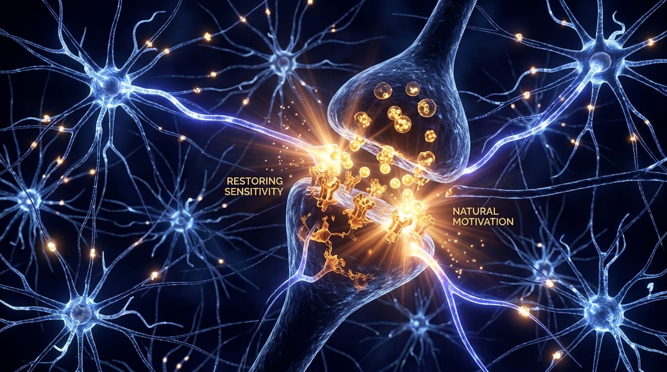 Neuroscience 3D rendering of dopamine synaptic receptors restoring sensitivity and natural motivation