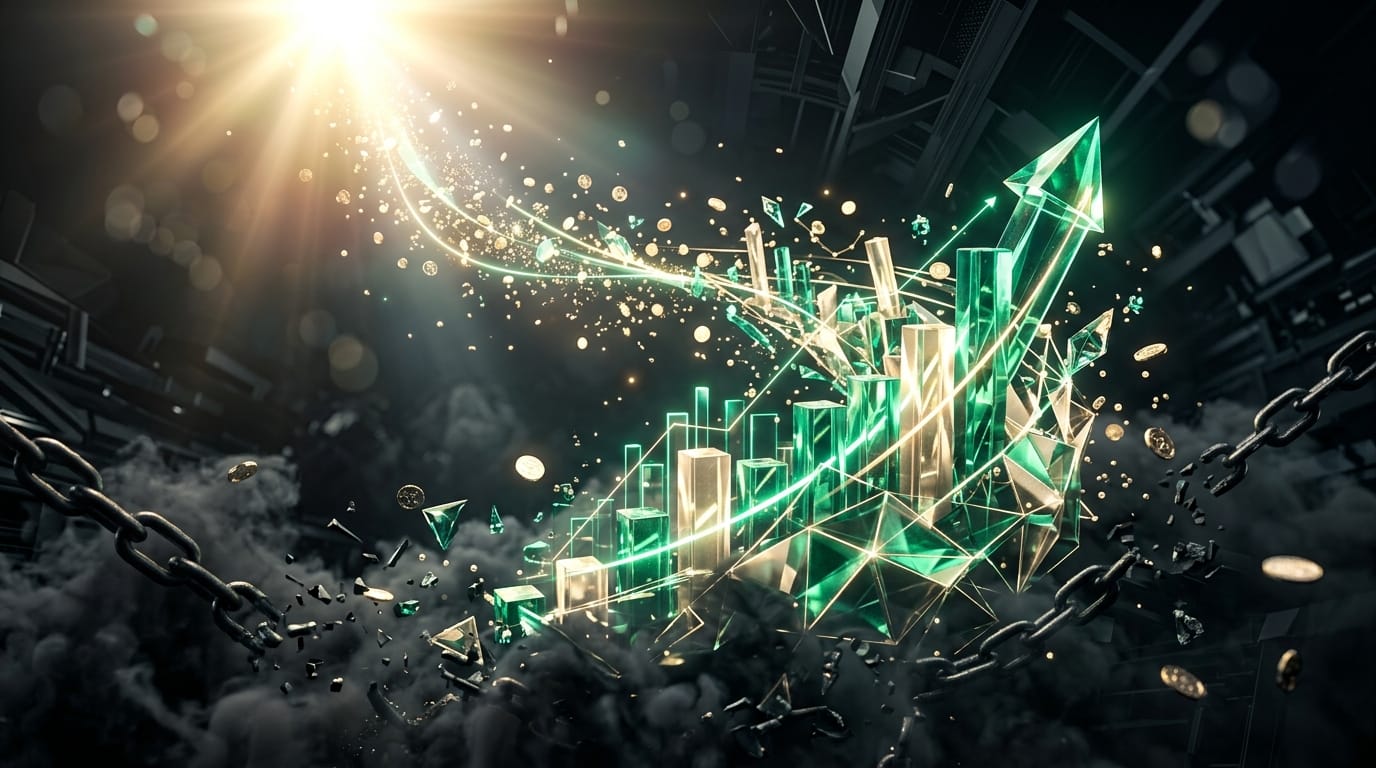 Emerald green and gold geometric wealth crystals breaking free from chains and smoke