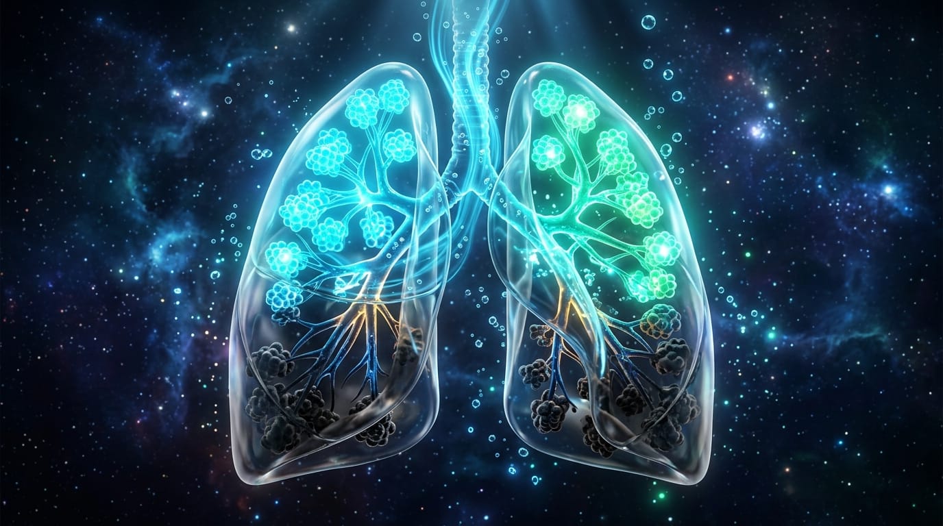Conceptual glowing glass lungs showing bronchial tree regeneration and oxygenation