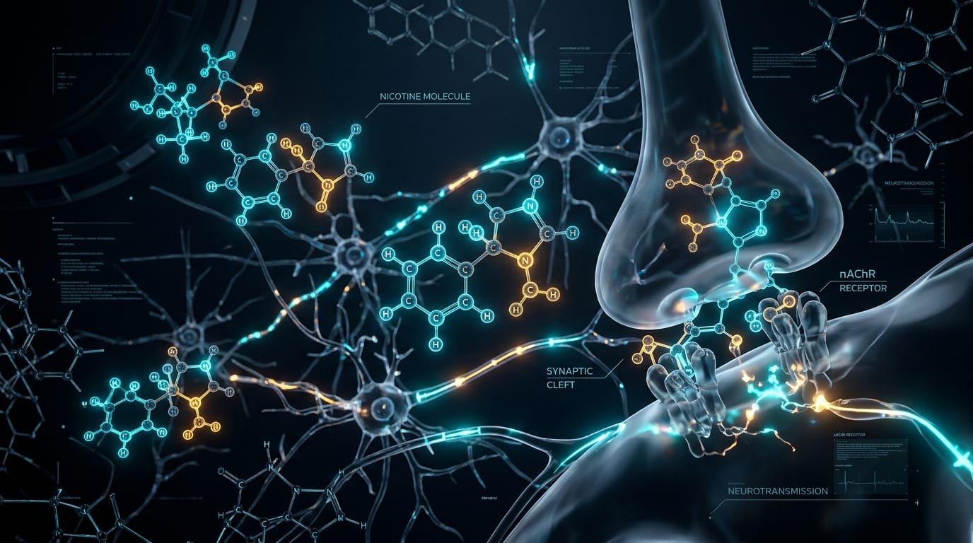 Scientific 3D visualization of nicotine molecules and neurotransmitters interacting with synaptic receptors