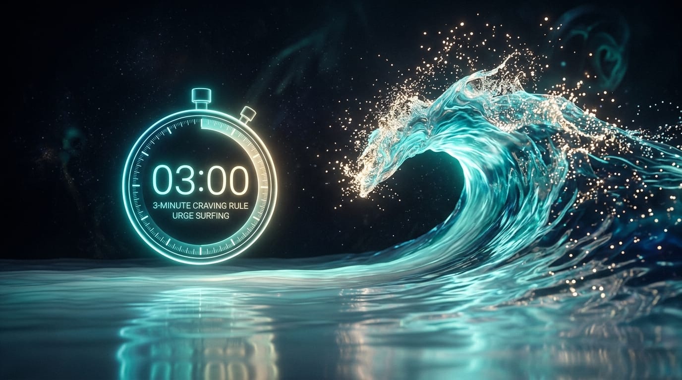 Digital holographic stopwatch timer and ocean wave crest representing the 3-minute craving rule and urge surfing