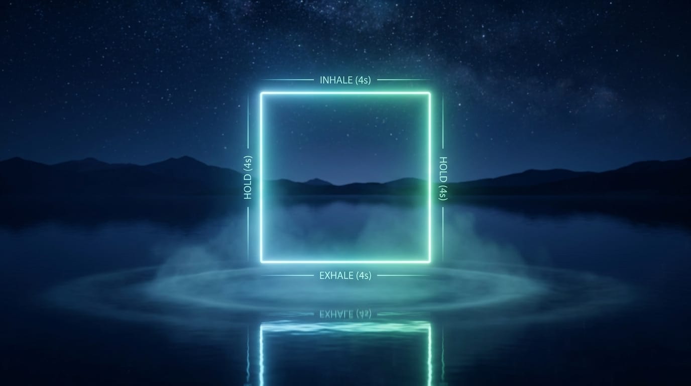 Hypnotic glowing 4-step box breathing square with inhale hold exhale hold phases above calm water