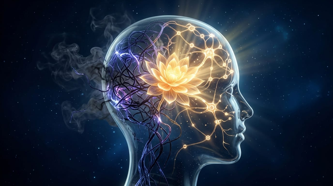Cognitive behavioral therapy concept showing neural rewiring and lotus blossom of clarity
