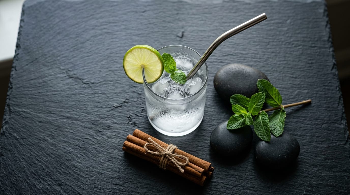 Flat lay of healthy sensory substitutes including iced water with metal straw, cinnamon sticks, mint, and grounding stones