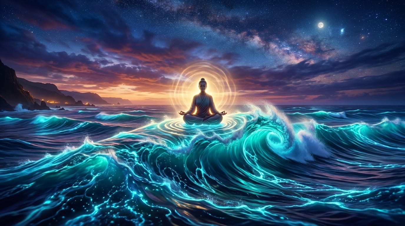 Serene silhouette meditating atop an ocean wave in urge surfing mindfulness