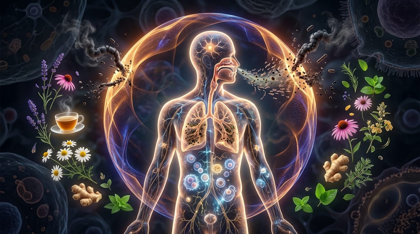 Immune system reboot and somatic herbal soothing illustration for smoker's flu