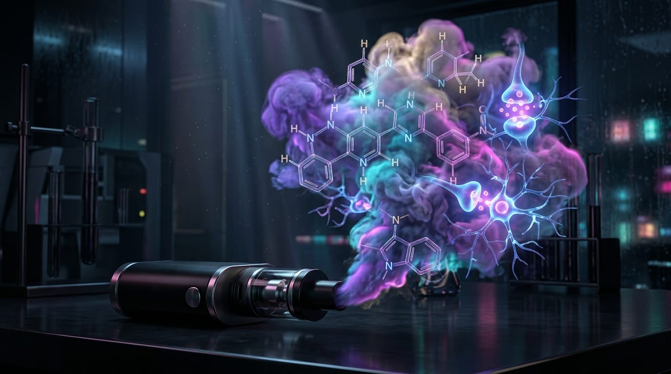 Sleek vapor device emitting neon purple and cyan clouds with glowing nicotine salt molecular structures and neural synapses