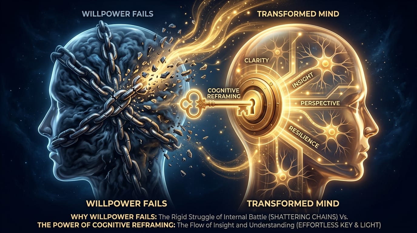 Contrast of shattering chains of willpower versus golden key of cognitive reframing in the human mind